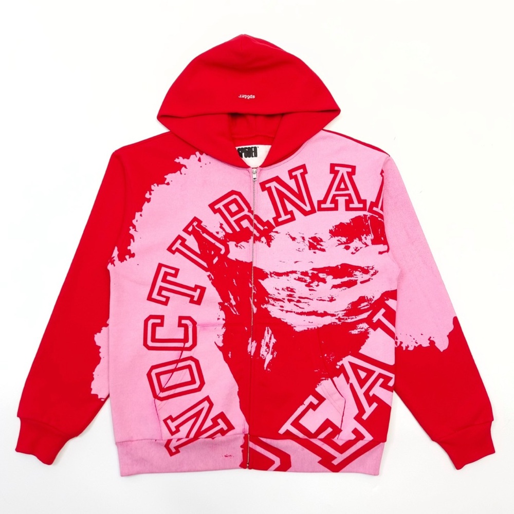 Red and Pink Zip Up Sweater with Bold Graphics